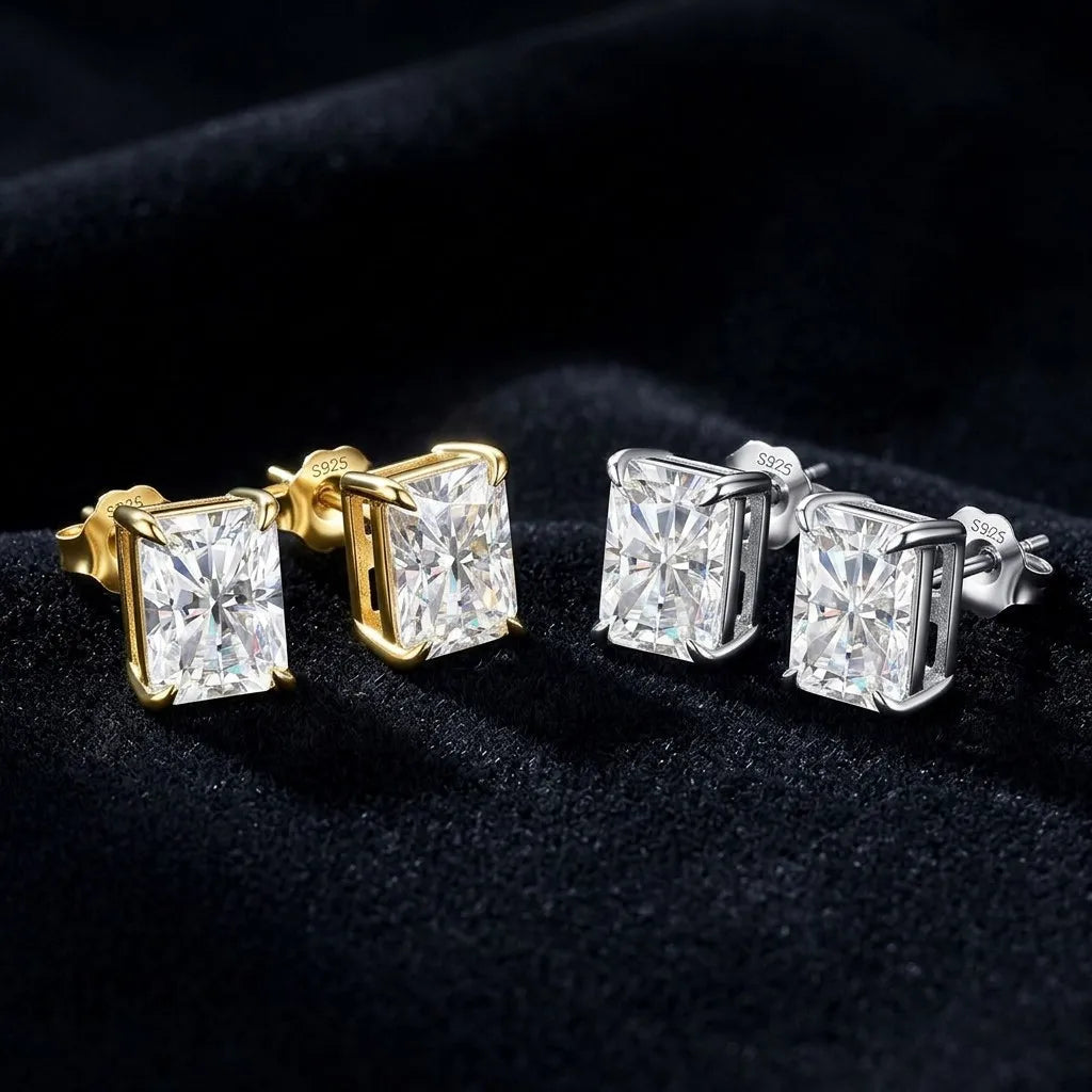 MEETMAY | Radiant-Cut Moissanite Stud Earrings – S925 Sterling Silver 18K Gold Plated, GRA Certified