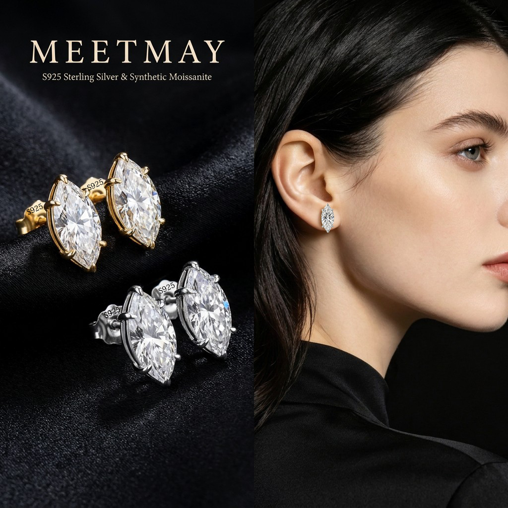 MEETMAY | Marquise-Cut Moissanite Stud Earrings – S925 Sterling Silver 18K Gold Plated, GRA Certified