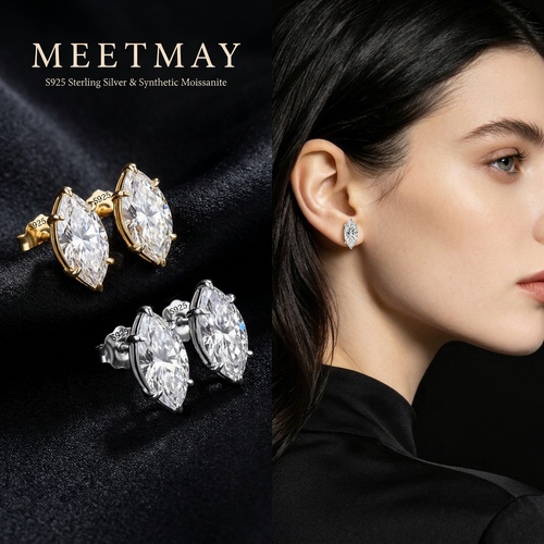 MEETMAY | Marquise-Cut Moissanite Stud Earrings – S925 Sterling Silver 18K Gold Plated, GRA Certified