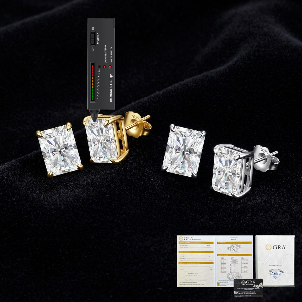 MEETMAY | Radiant-Cut Moissanite Stud Earrings – S925 Sterling Silver 18K Gold Plated, GRA Certified