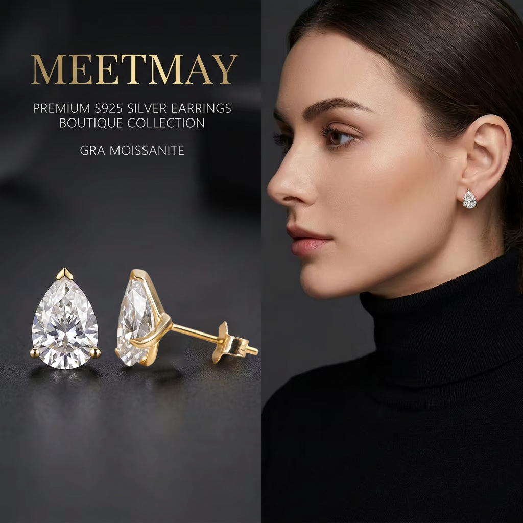 MEETMAY | Pear-Cut Moissanite Stud Earrings – S925 Sterling Silver 18K Gold Plated, GRA Certified, Hypoallergenic