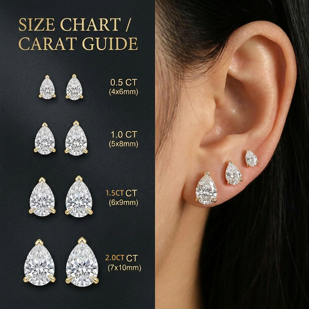 MEETMAY | Pear-Cut Moissanite Stud Earrings – S925 Sterling Silver 18K Gold Plated, GRA Certified, Hypoallergenic