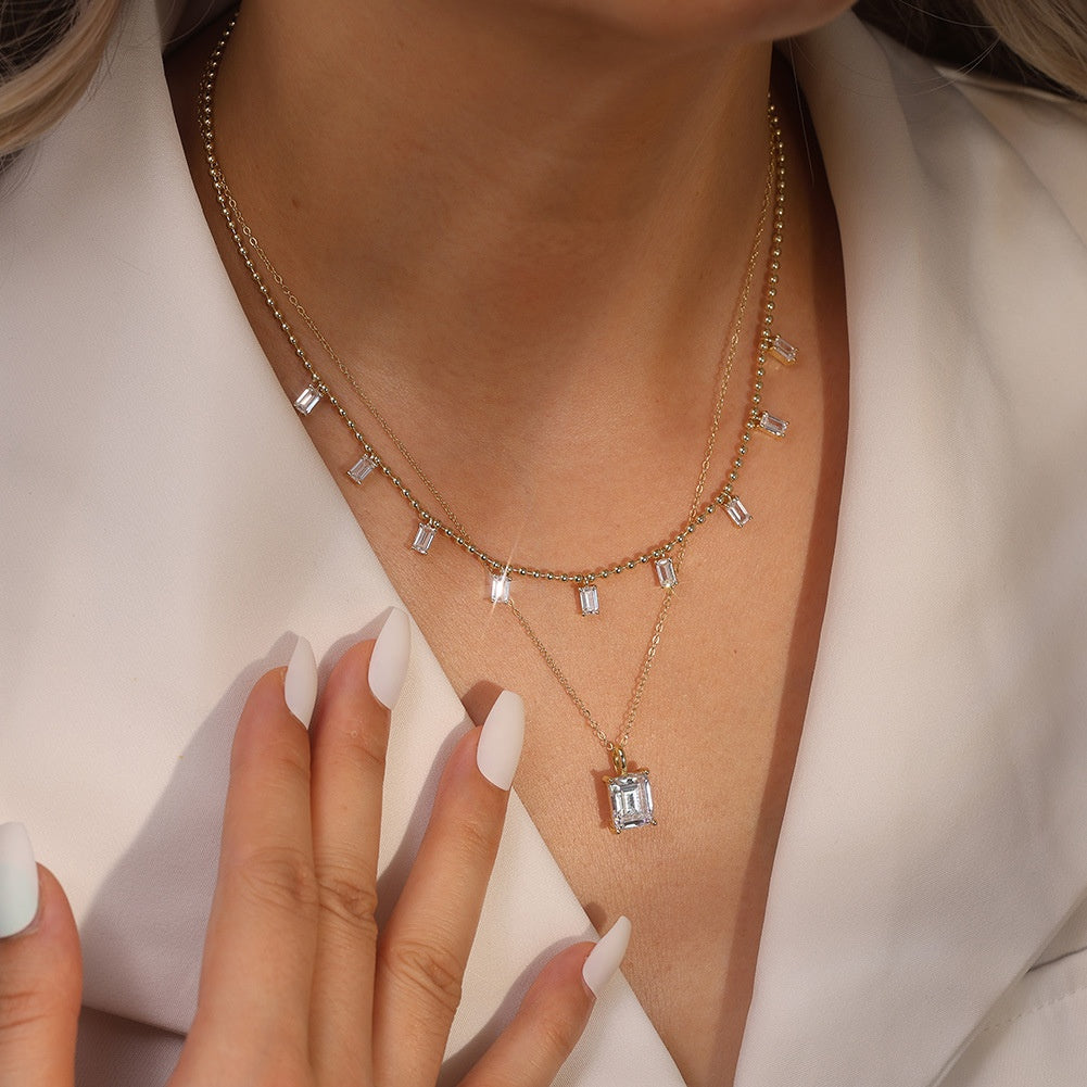 MEETMAY | Emerald-Cut Moissanite Pendant Necklace – S925 Sterling Silver 18K Gold Plated, D-Color