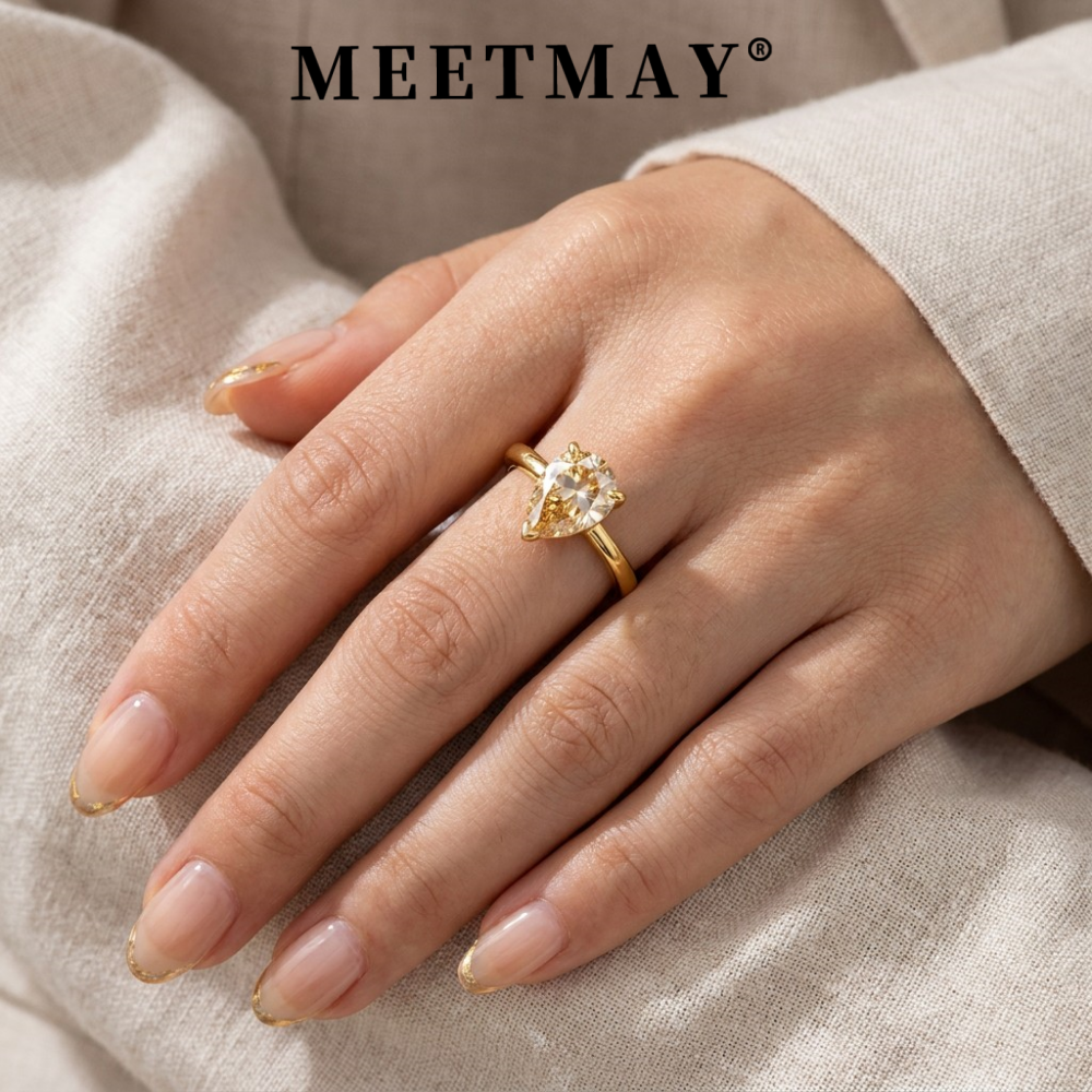 MEETMAY | Colorful Pear-Cut Moissanite Adjustable Ring – S925 Sterling Silver 18K Gold Plated, GRA Certified