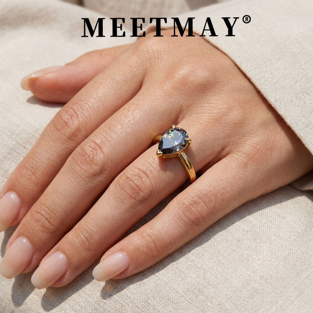 MEETMAY | Colorful Pear-Cut Moissanite Adjustable Ring – S925 Sterling Silver 18K Gold Plated, GRA Certified