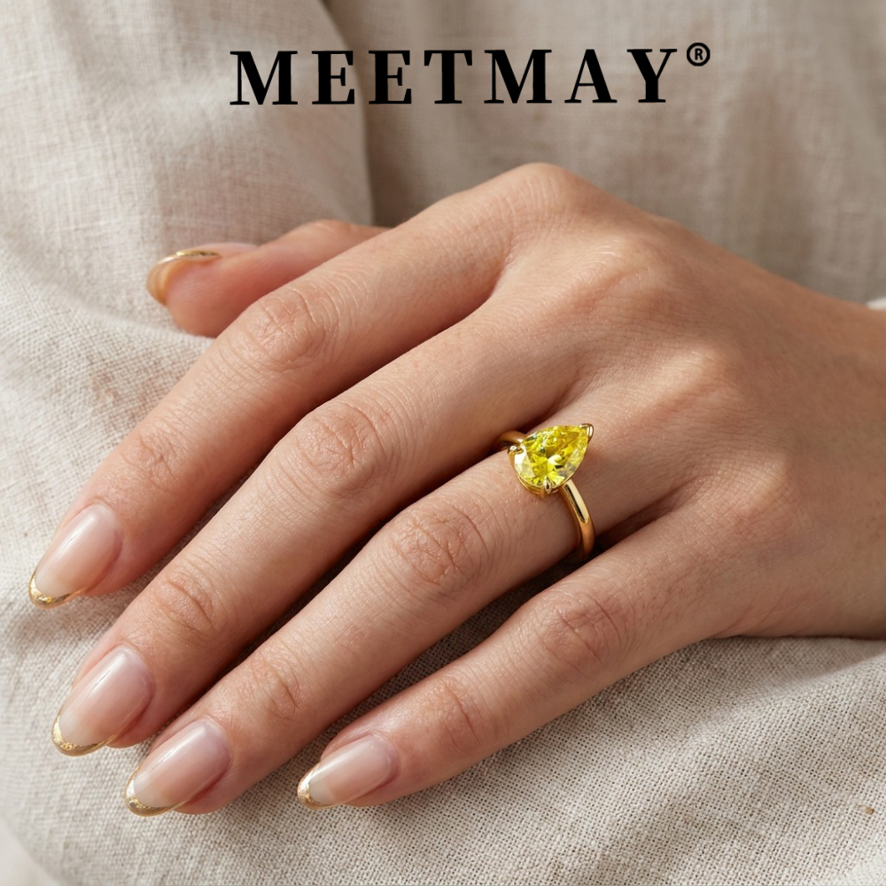 MEETMAY | Colorful Pear-Cut Moissanite Adjustable Ring – S925 Sterling Silver 18K Gold Plated, GRA Certified