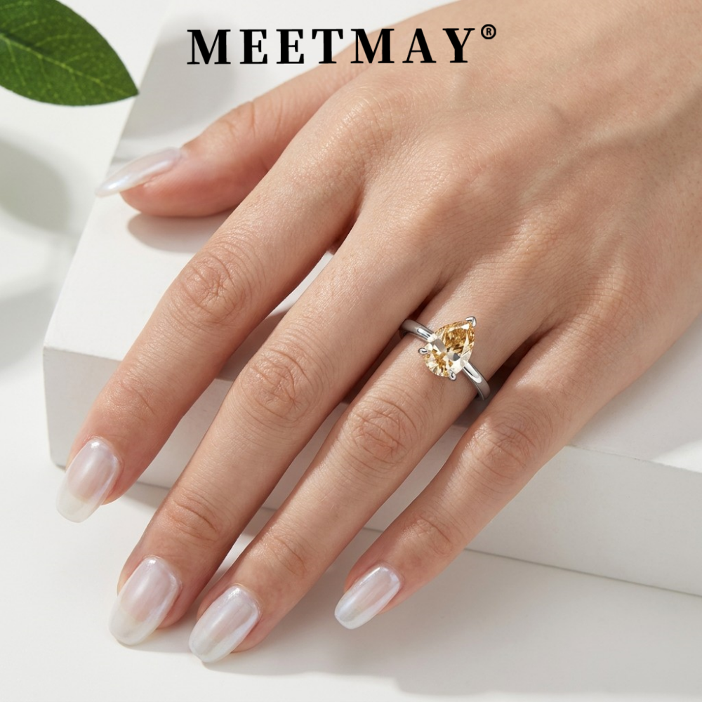 MEETMAY | Colorful Pear-Cut Moissanite Adjustable Ring – S925 Sterling Silver 18K Gold Plated, GRA Certified