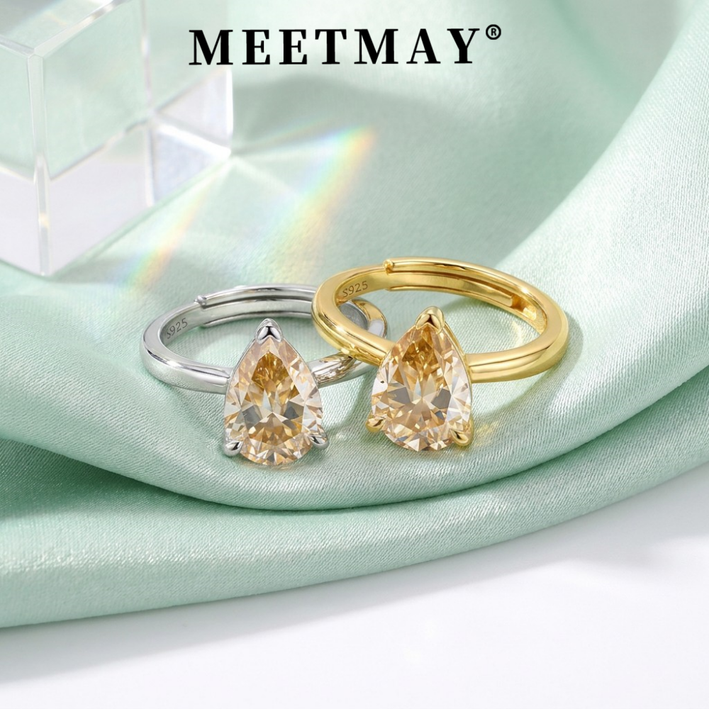 MEETMAY | Colorful Pear-Cut Moissanite Adjustable Ring – S925 Sterling Silver 18K Gold Plated, GRA Certified