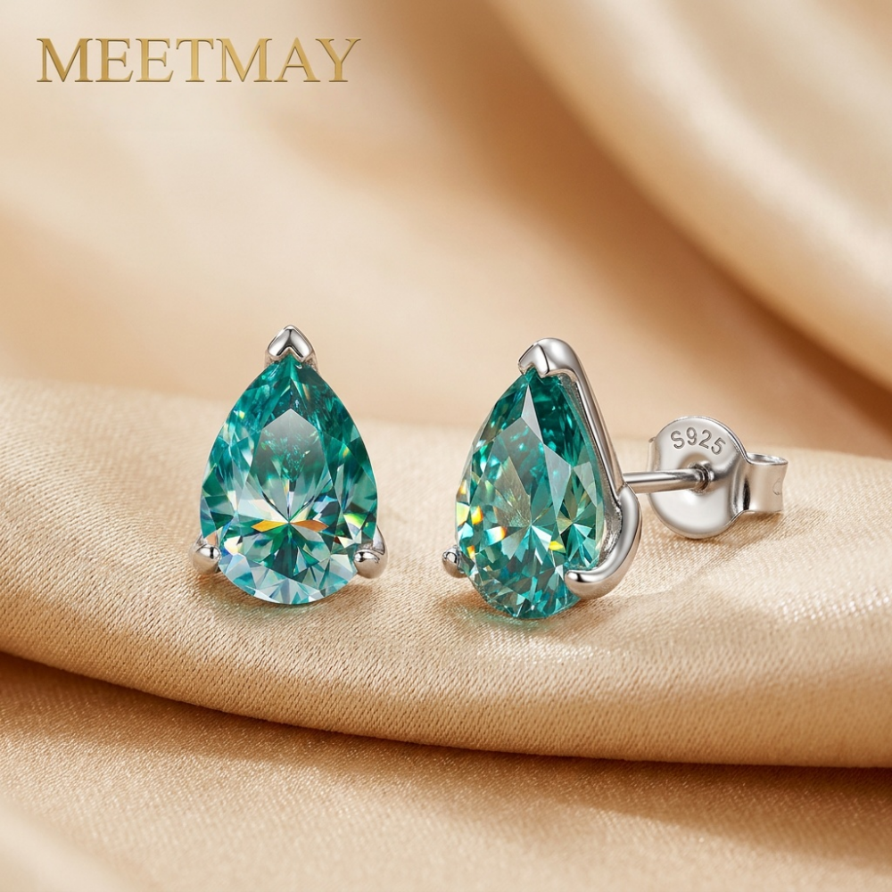 MEETMAY | Colorful Pear-Cut Moissanite Stud Earrings – S925 Sterling Silver 18K Gold Plated, GRA Certified