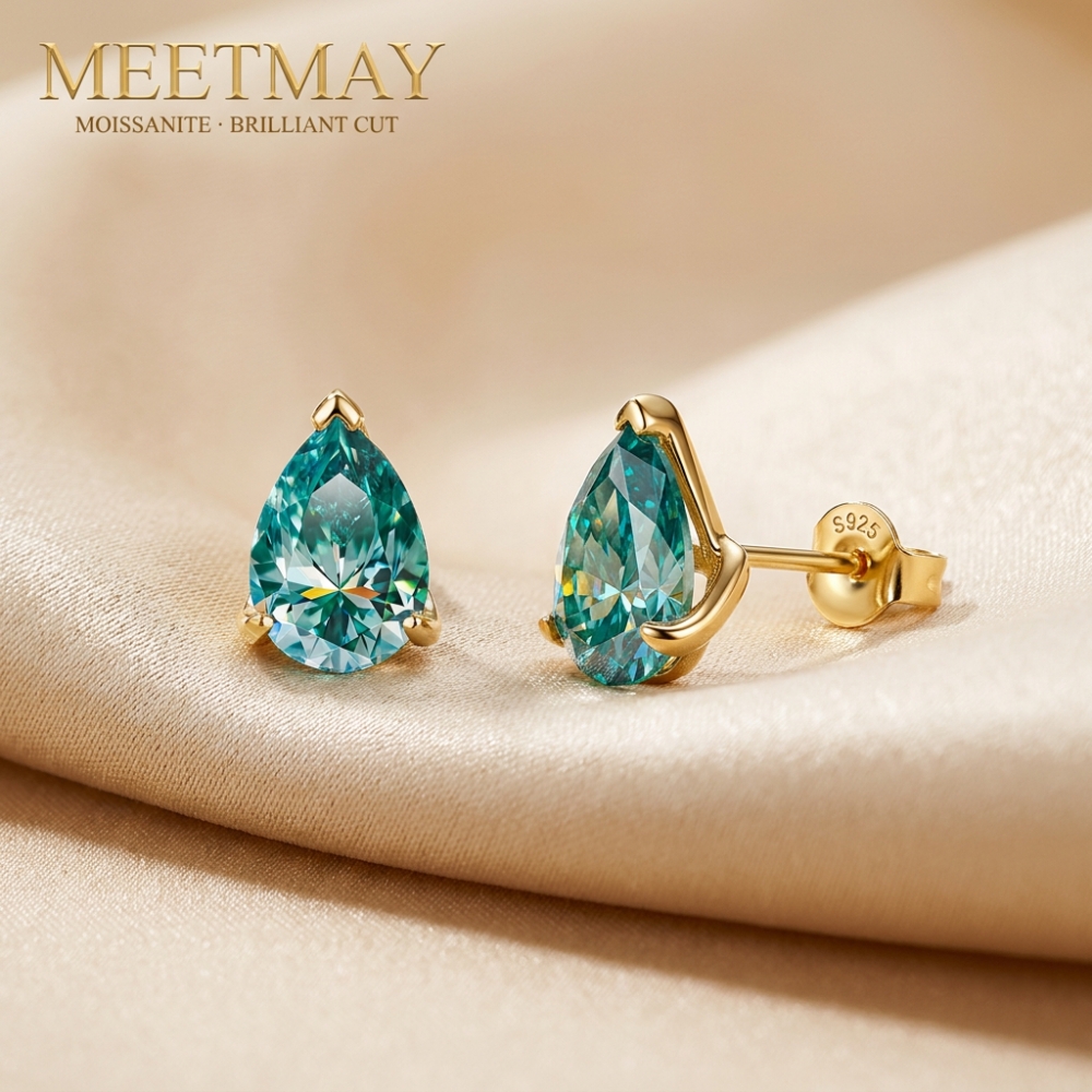 MEETMAY | Colorful Pear-Cut Moissanite Stud Earrings – S925 Sterling Silver 18K Gold Plated, GRA Certified
