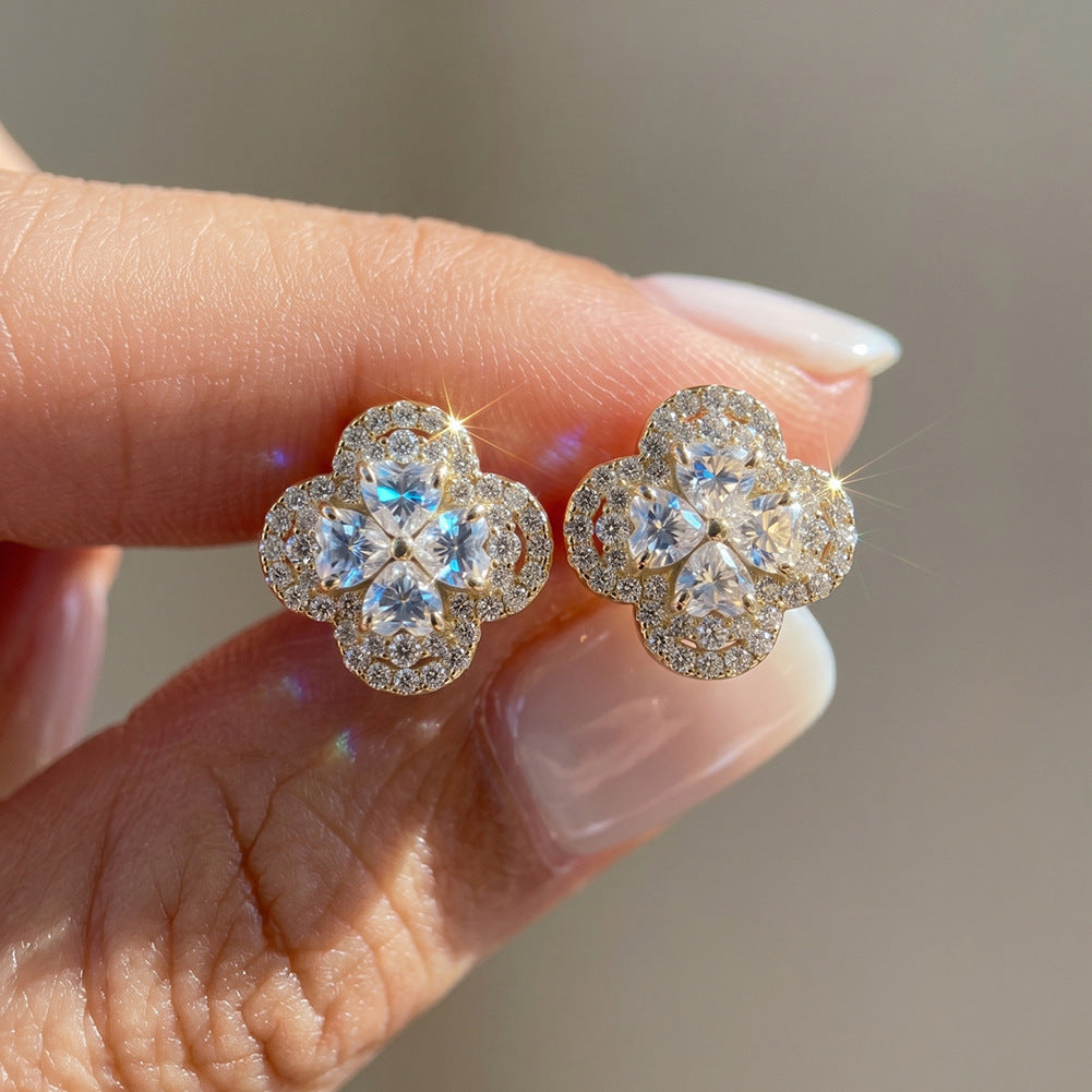 MEETMAY | Four Leaf Clover Moissanite Stud Earrings – S925 Sterling Silver, D Color VVS, GRA Certified