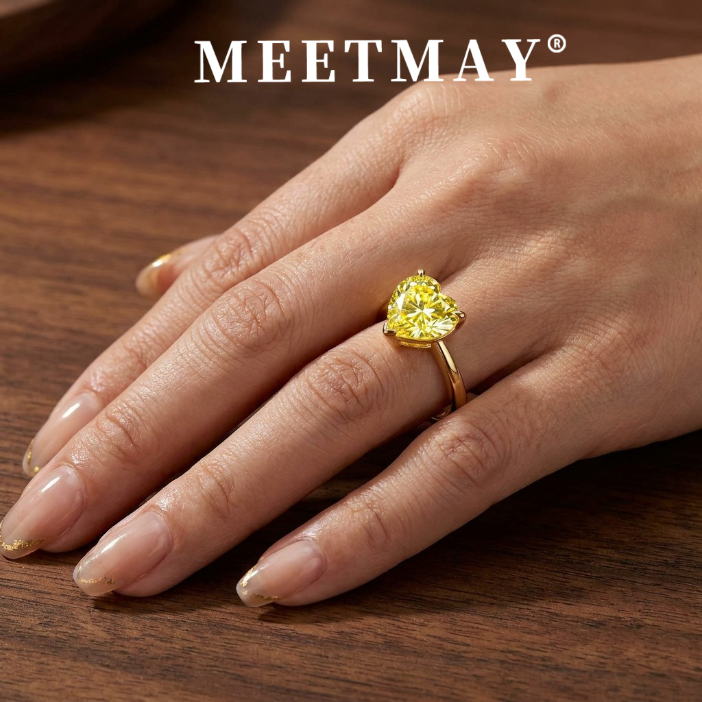 MEETMAY | Colorful Heart-Cut Moissanite Adjustable Ring – S925 Sterling Silver 18K Gold Plated, GRA Certified