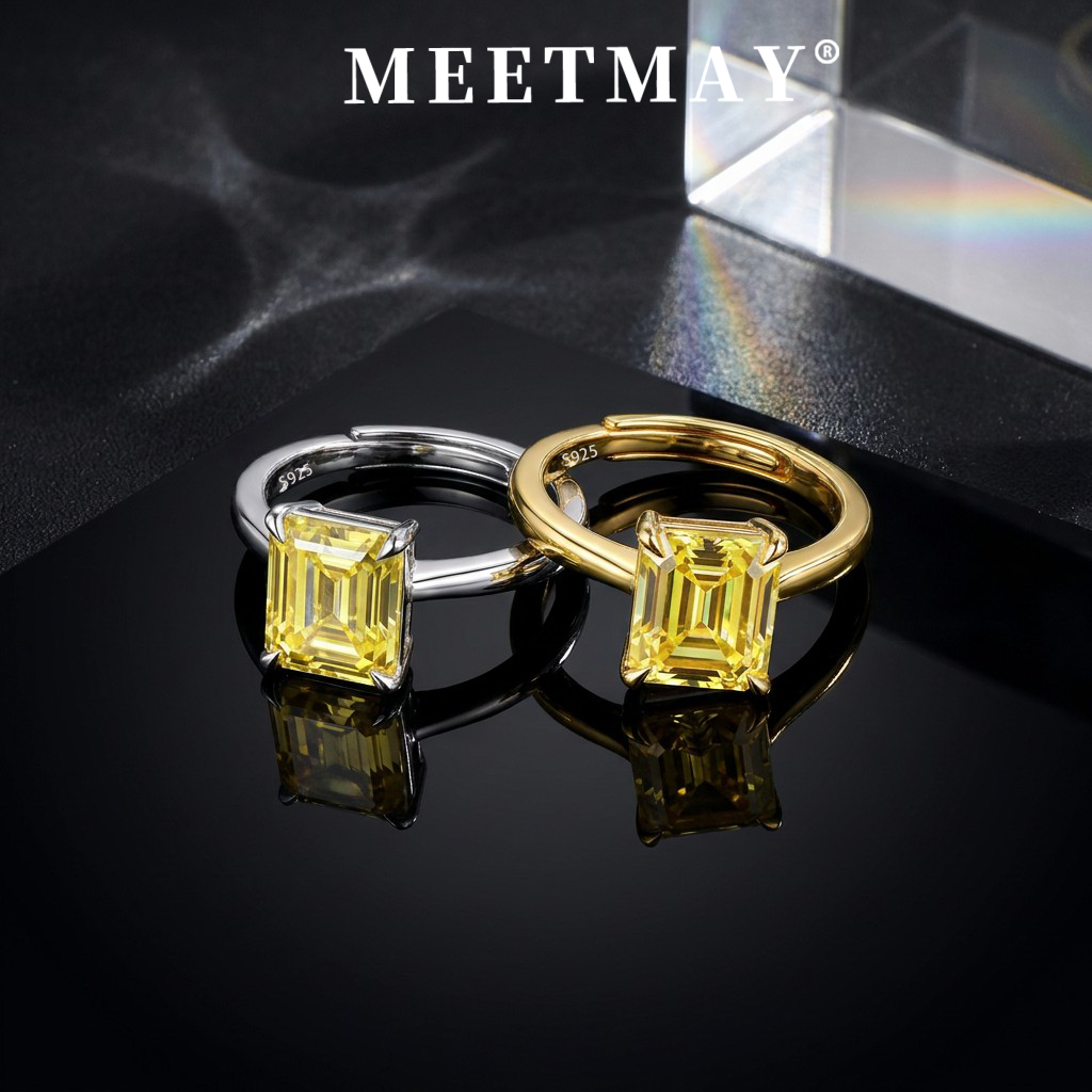 MEETMAY | Colorful Emerald-Cut Moissanite Adjustable Ring – S925 Sterling Silver 18K Gold Plated, GRA Certified