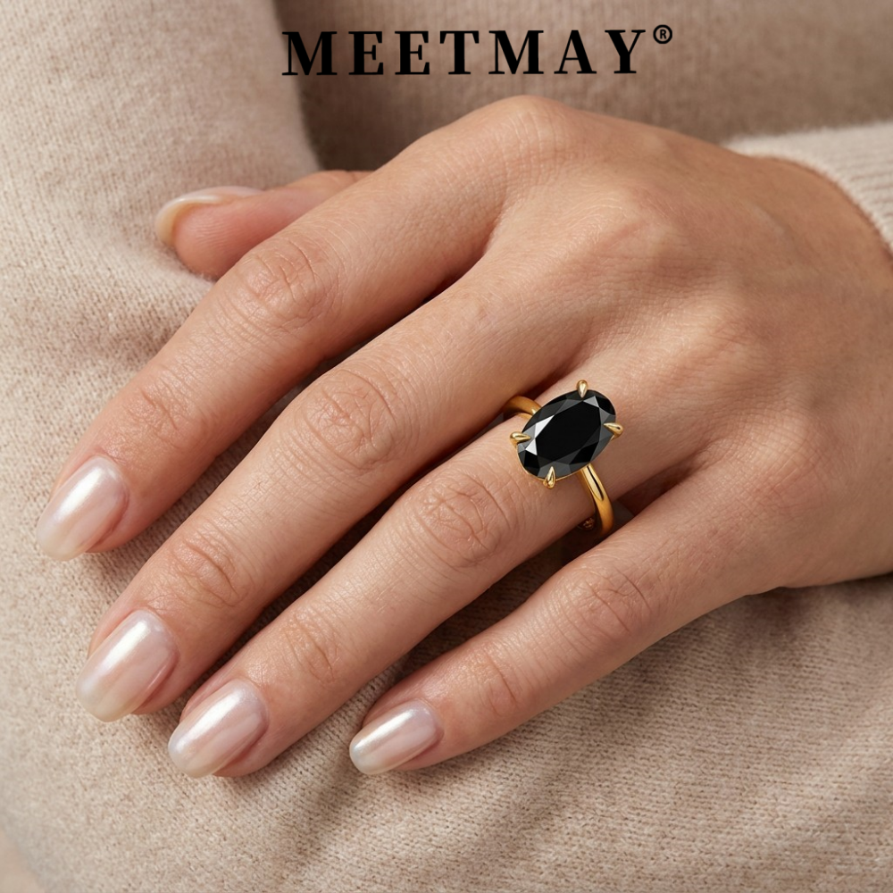 MEETMAY | Colorful Oval-Cut Moissanite Adjustable Ring – S925 Sterling Silver 18K Gold Plated, GRA Certified