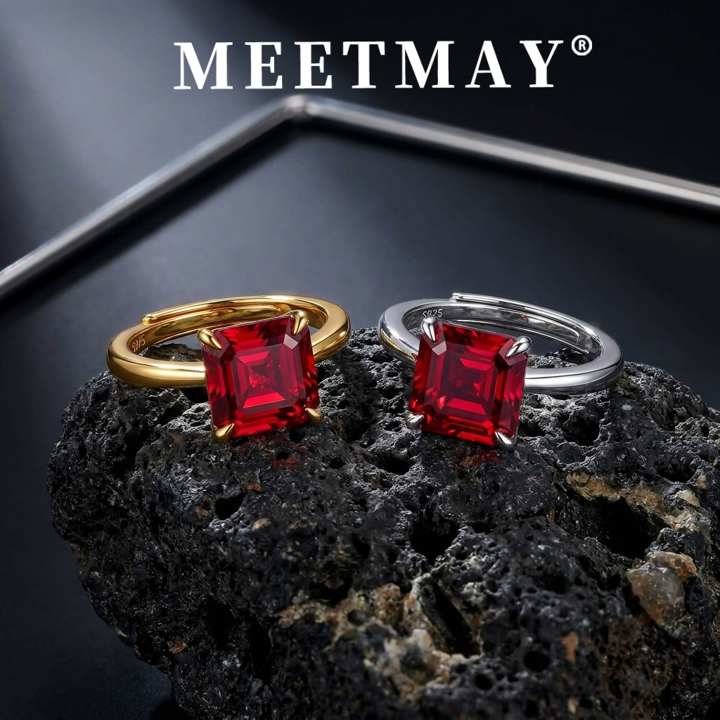 MEETMAY | Colorful Asscher-Cut Moissanite Adjustable Ring – S925 Sterling Silver 18K Gold Plated, GRA Certified