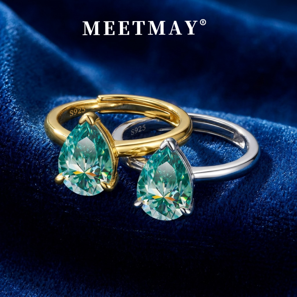 MEETMAY | Colorful Pear-Cut Moissanite Adjustable Ring – S925 Sterling Silver 18K Gold Plated, GRA Certified