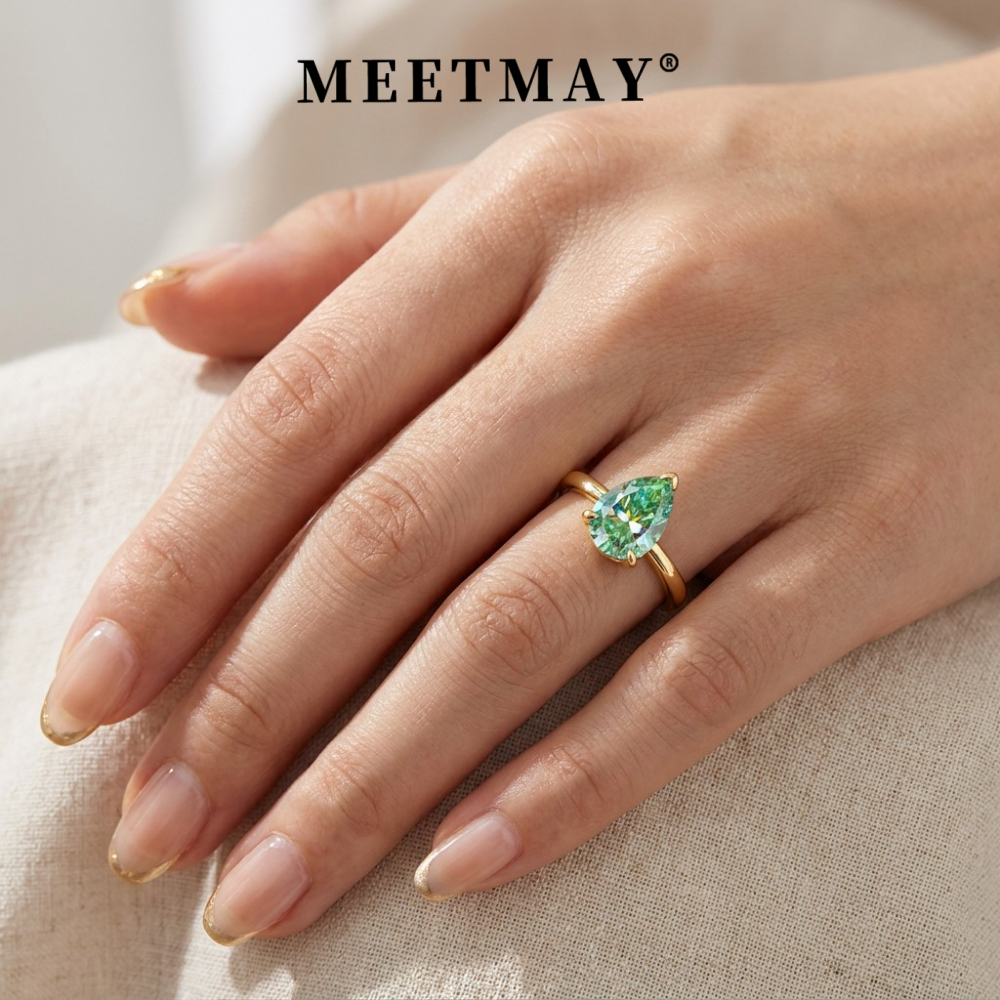 MEETMAY | Colorful Pear-Cut Moissanite Adjustable Ring – S925 Sterling Silver 18K Gold Plated, GRA Certified