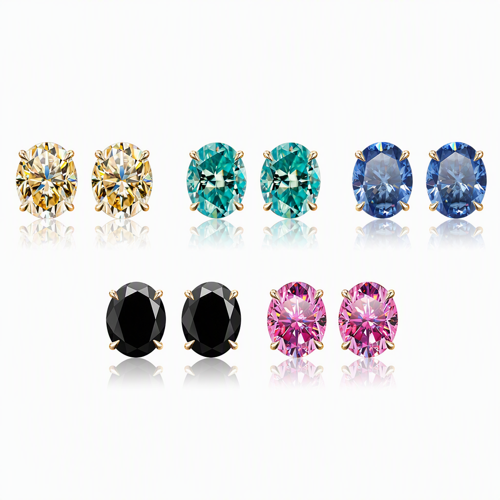 MEETMAY | Colorful Oval-Cut Moissanite Stud Earrings – S925 Sterling Silver 18K Gold Plated, GRA Certified