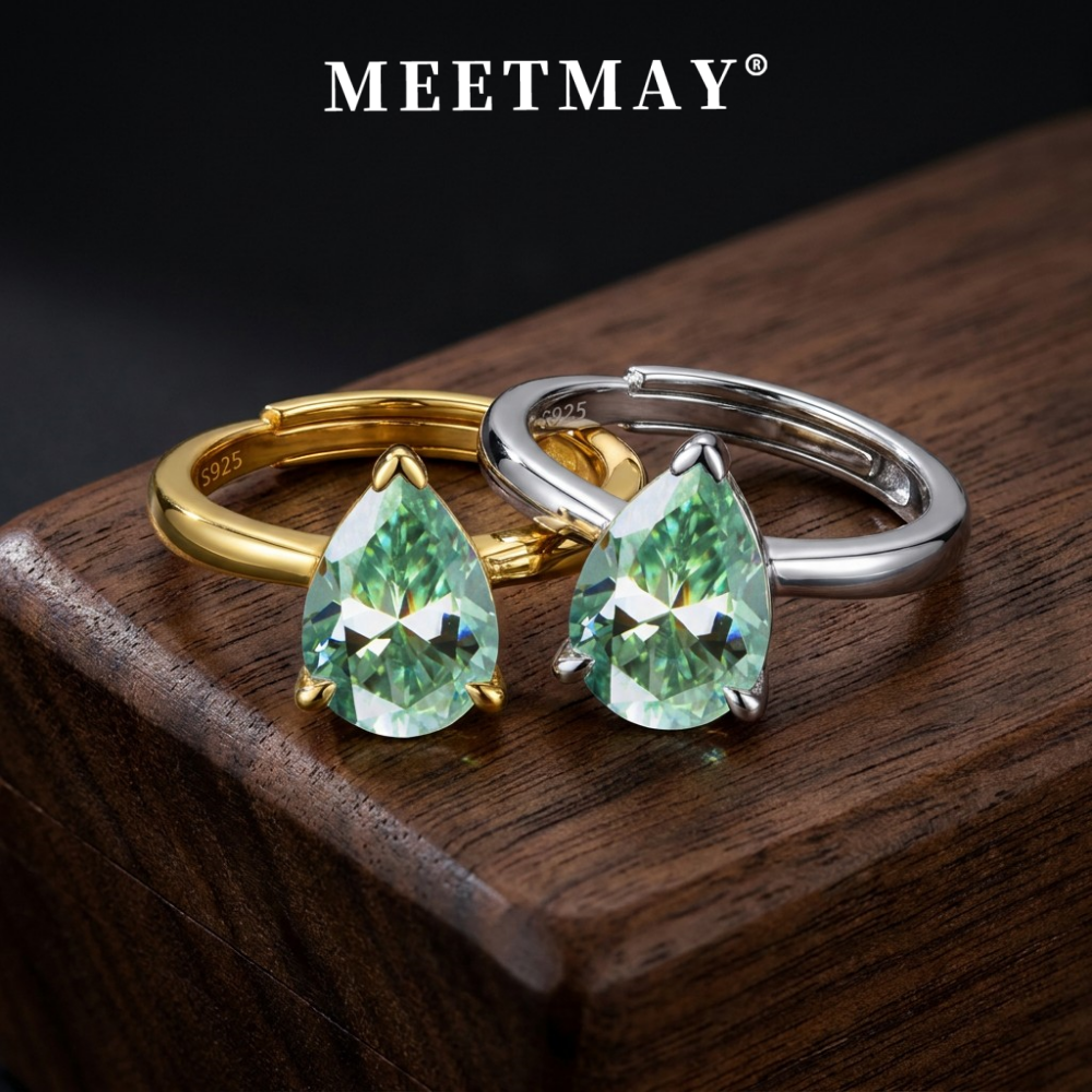 MEETMAY | Colorful Pear-Cut Moissanite Adjustable Ring – S925 Sterling Silver 18K Gold Plated, GRA Certified