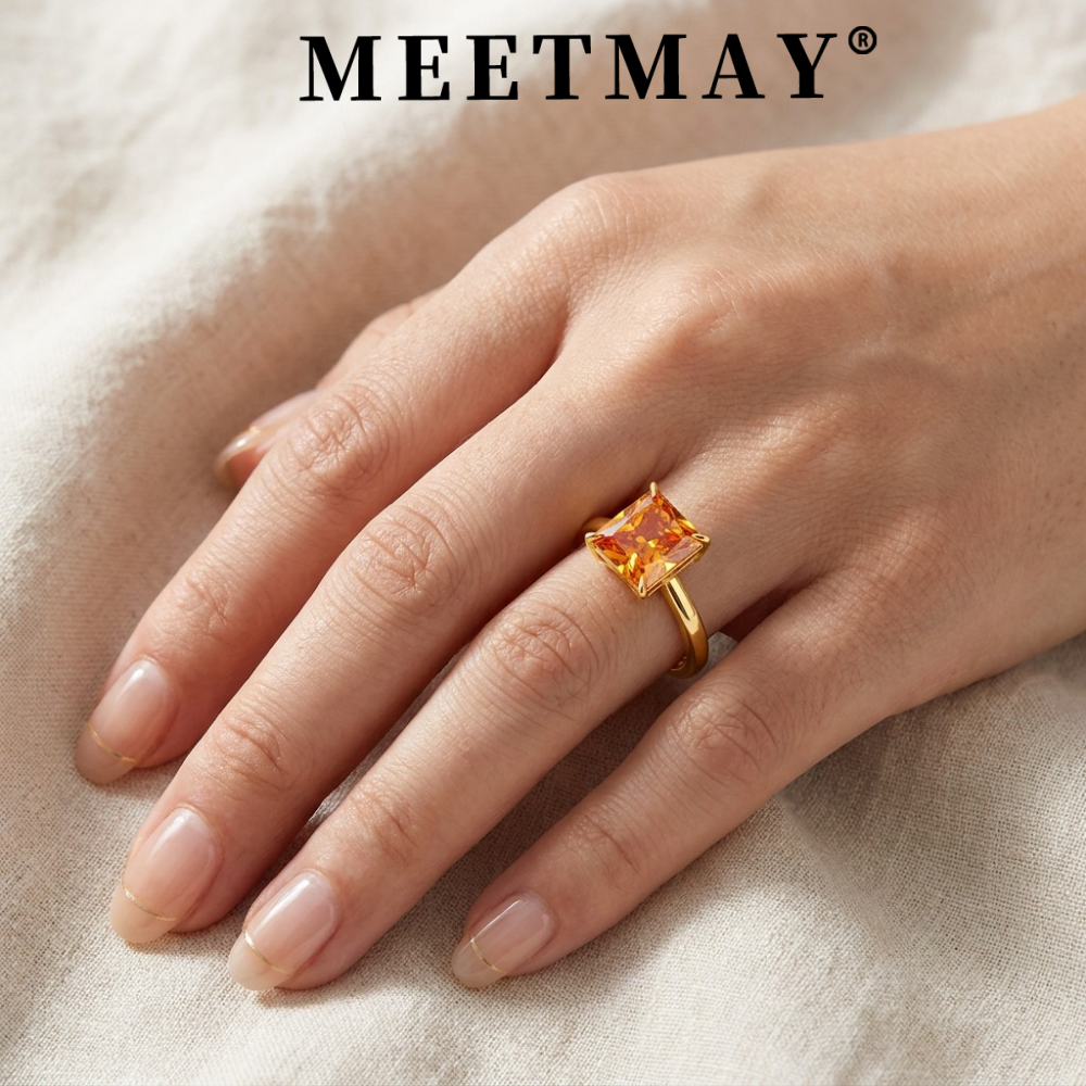 MEETMAY | Colorful Radiant-Cut Moissanite Adjustable Ring – S925 Sterling Silver 18K Gold Plated, GRA Certified
