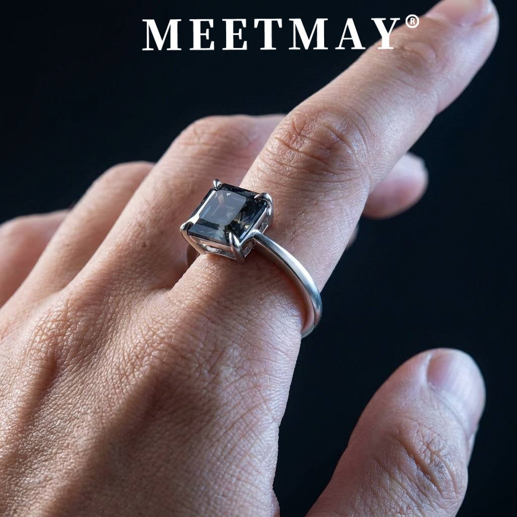 MEETMAY | Colorful Asscher-Cut Moissanite Adjustable Ring – S925 Sterling Silver 18K Gold Plated, GRA Certified