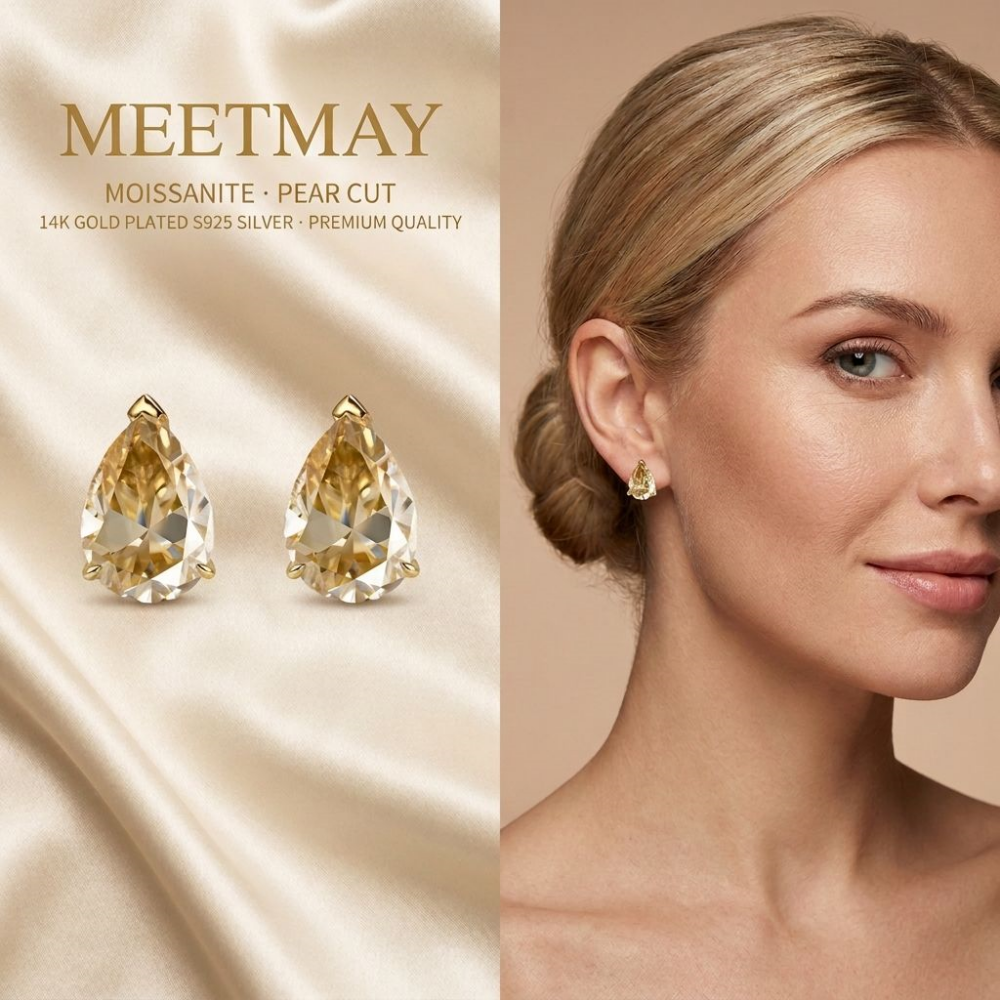 MEETMAY | Colorful Pear-Cut Moissanite Stud Earrings – S925 Sterling Silver 18K Gold Plated, GRA Certified