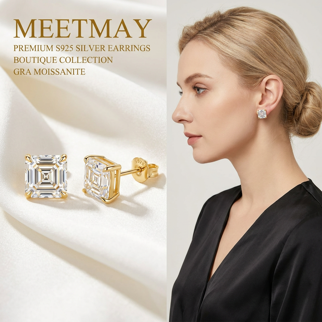 MEETMAY | Asscher-Cut D-Color Moissanite Stud Earrings – S925 Sterling Silver 18K Gold Plated, GRA Certified