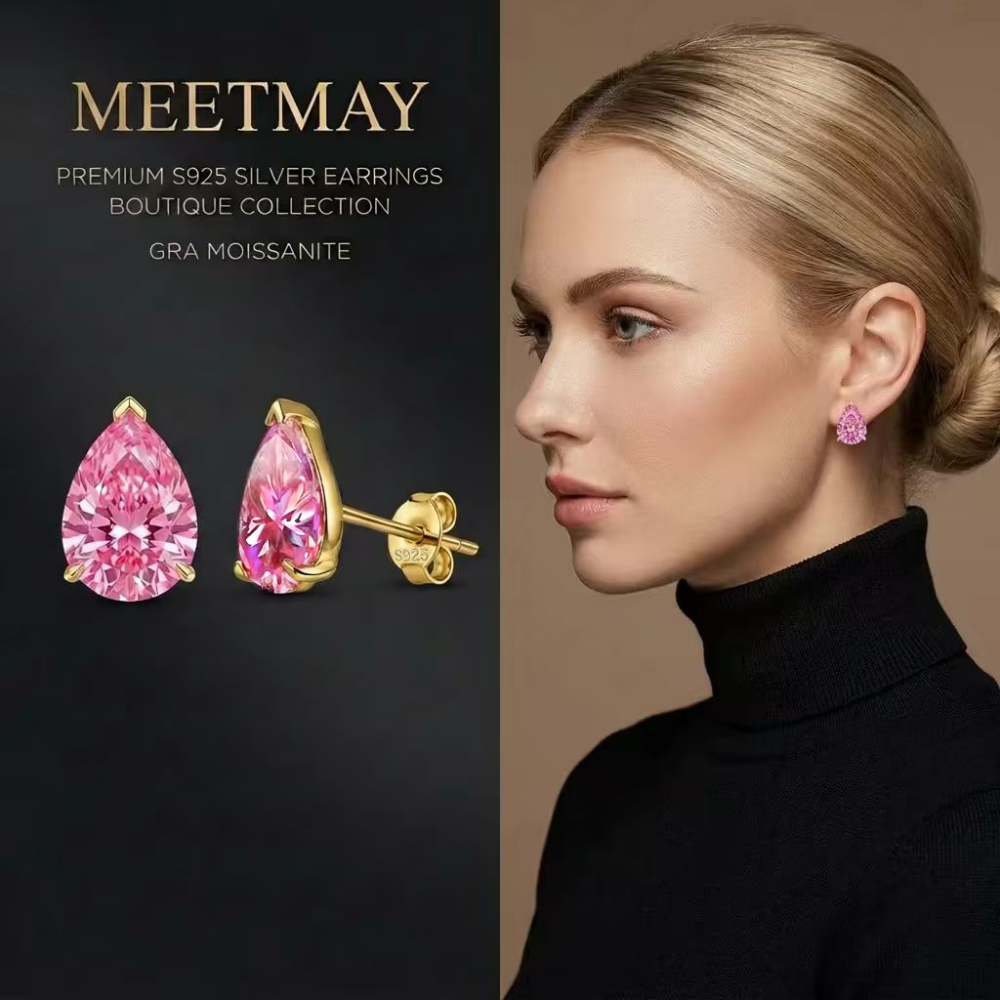 MEETMAY | Colorful Pear-Cut Moissanite Stud Earrings – S925 Sterling Silver 18K Gold Plated, GRA Certified