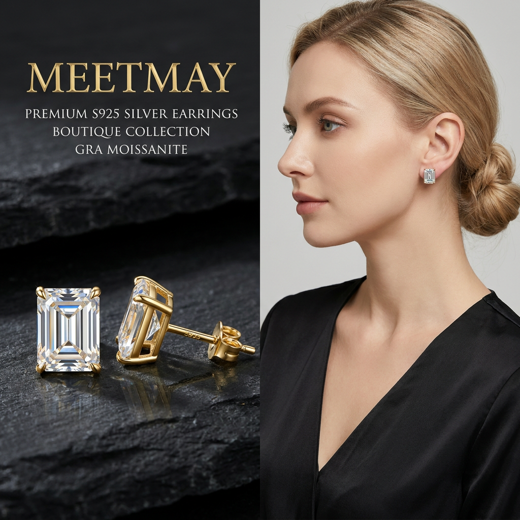 MEETMAY | Emerald-Cut Moissanite Stud Earrings – S925 Sterling Silver, GRA Certified
