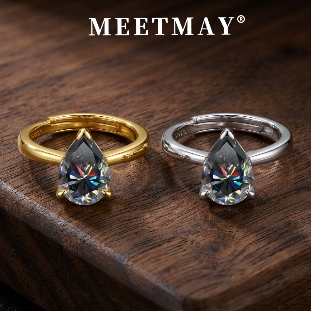 MEETMAY | Colorful Pear-Cut Moissanite Adjustable Ring – S925 Sterling Silver 18K Gold Plated, GRA Certified
