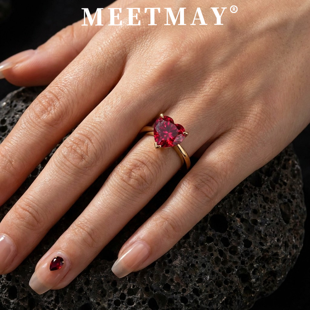 MEETMAY | Colorful Heart-Cut Moissanite Adjustable Ring – S925 Sterling Silver 18K Gold Plated, GRA Certified