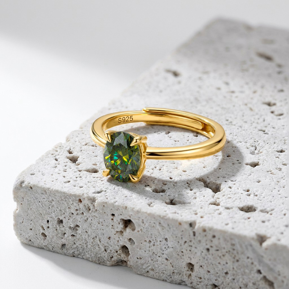 MEETMAY | Colorful Oval-Cut Moissanite Adjustable Ring – S925 Sterling Silver 18K Gold Plated, GRA Certified