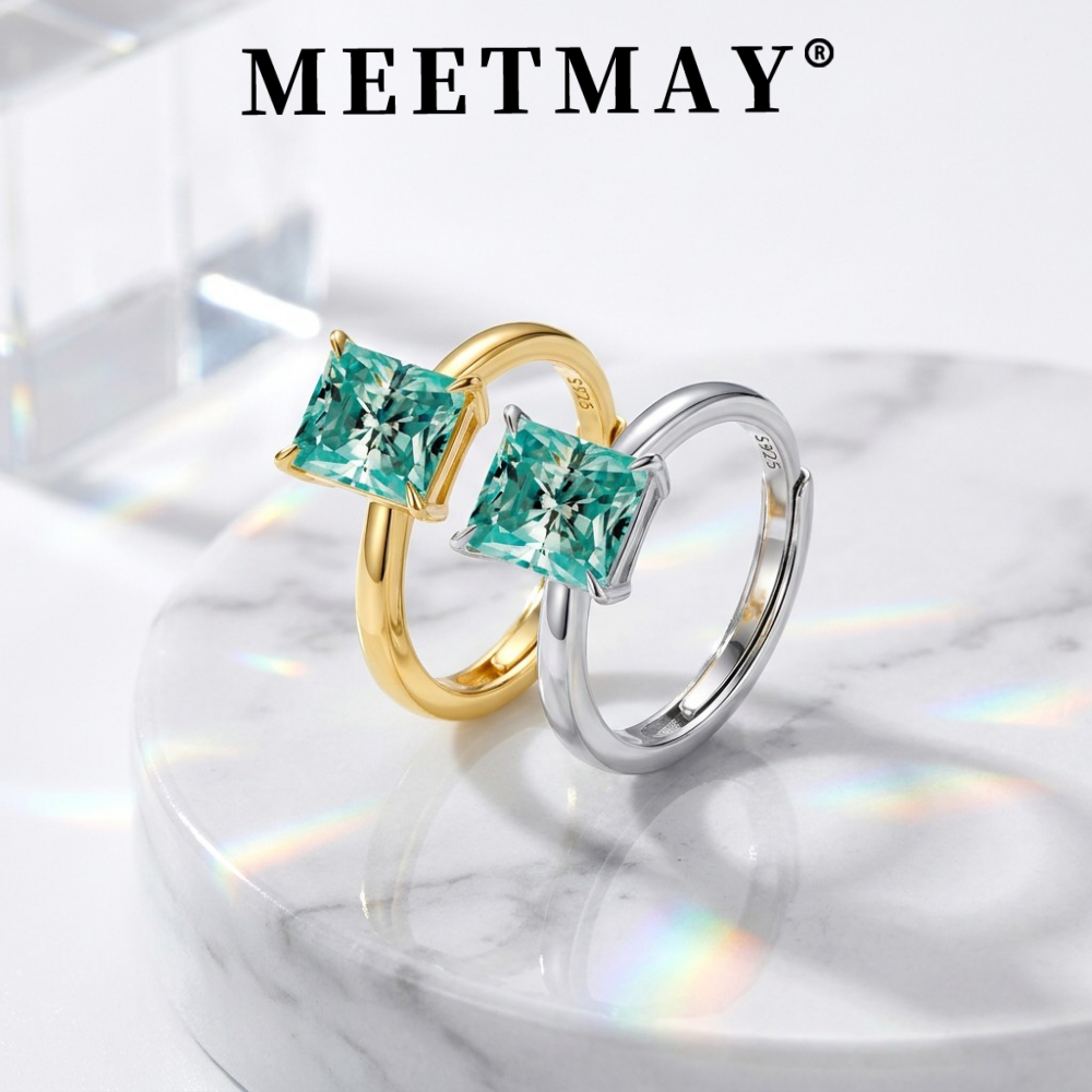 MEETMAY | Colorful Radiant-Cut Moissanite Adjustable Ring – S925 Sterling Silver 18K Gold Plated, GRA Certified