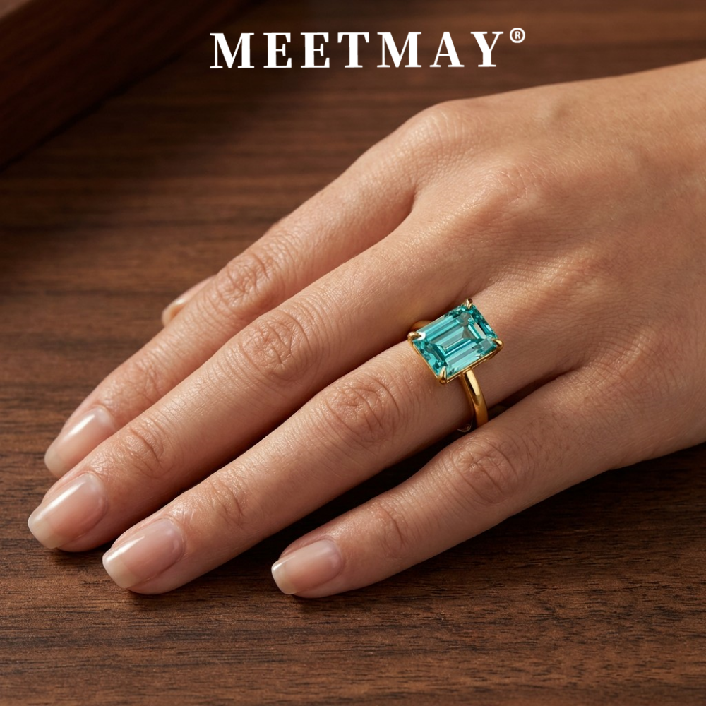 MEETMAY | Colorful Emerald-Cut Moissanite Adjustable Ring – S925 Sterling Silver 18K Gold Plated, GRA Certified