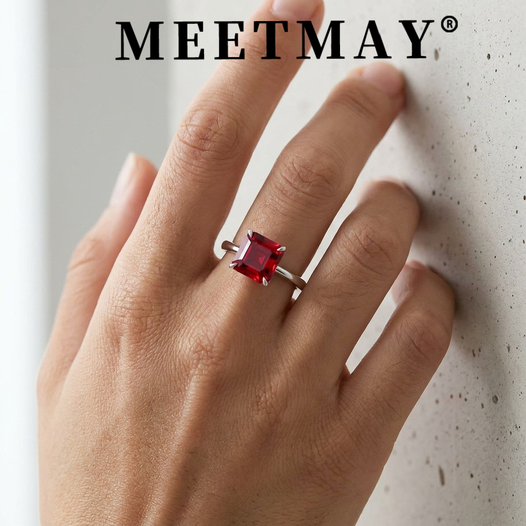MEETMAY | Colorful Asscher-Cut Moissanite Adjustable Ring – S925 Sterling Silver 18K Gold Plated, GRA Certified