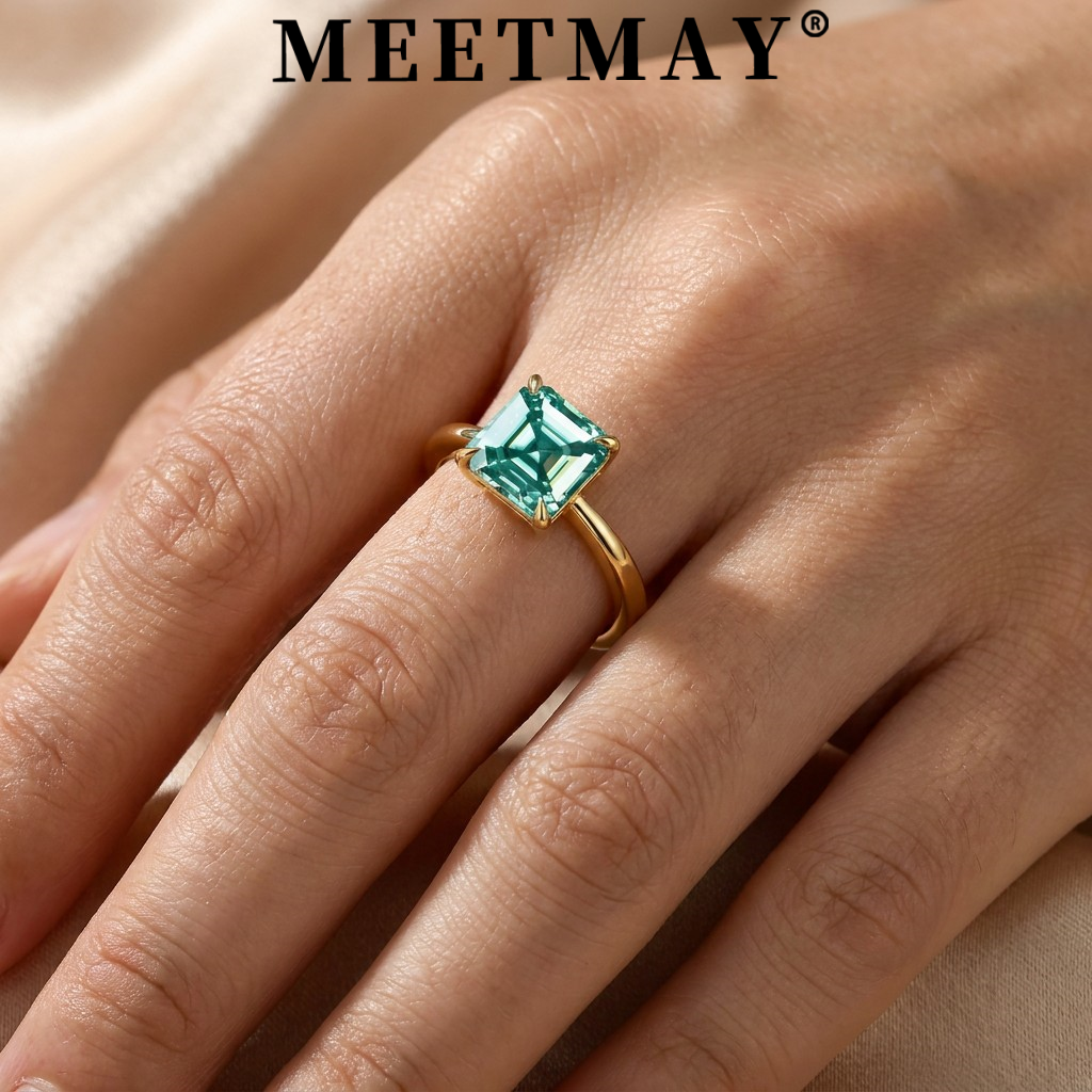MEETMAY | Colorful Asscher-Cut Moissanite Adjustable Ring – S925 Sterling Silver 18K Gold Plated, GRA Certified