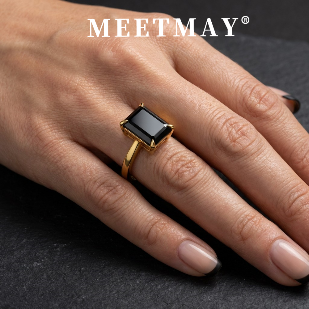 MEETMAY | Colorful Emerald-Cut Moissanite Adjustable Ring – S925 Sterling Silver 18K Gold Plated, GRA Certified