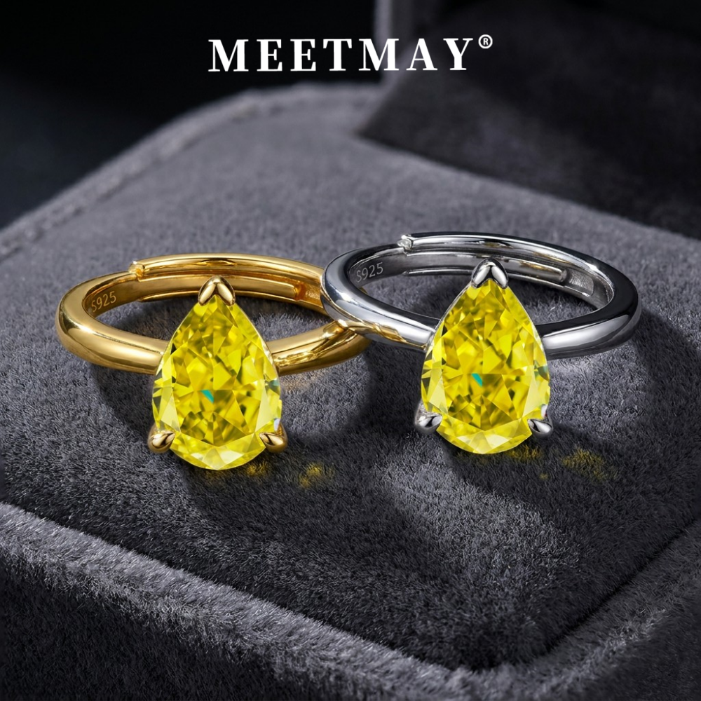 MEETMAY | Colorful Pear-Cut Moissanite Adjustable Ring – S925 Sterling Silver 18K Gold Plated, GRA Certified