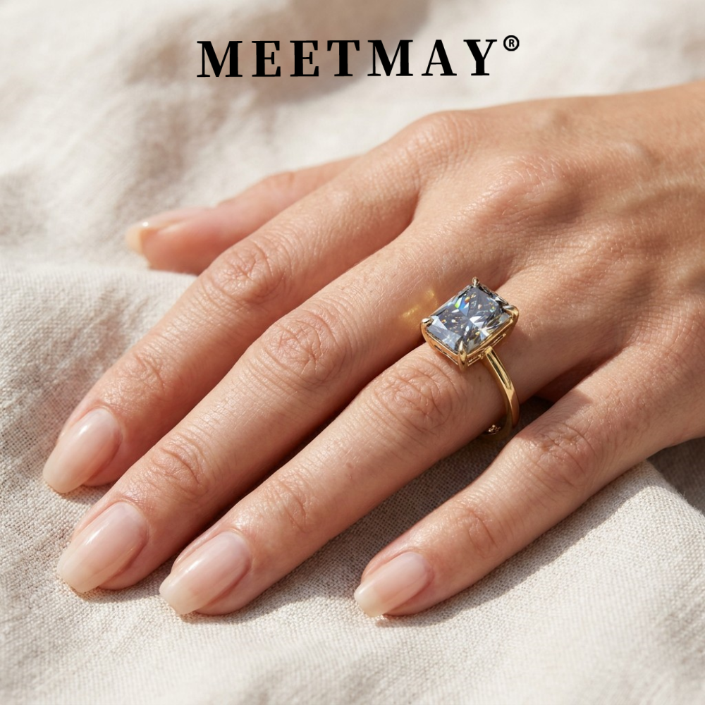 MEETMAY | Colorful Radiant-Cut Moissanite Adjustable Ring – S925 Sterling Silver 18K Gold Plated, GRA Certified
