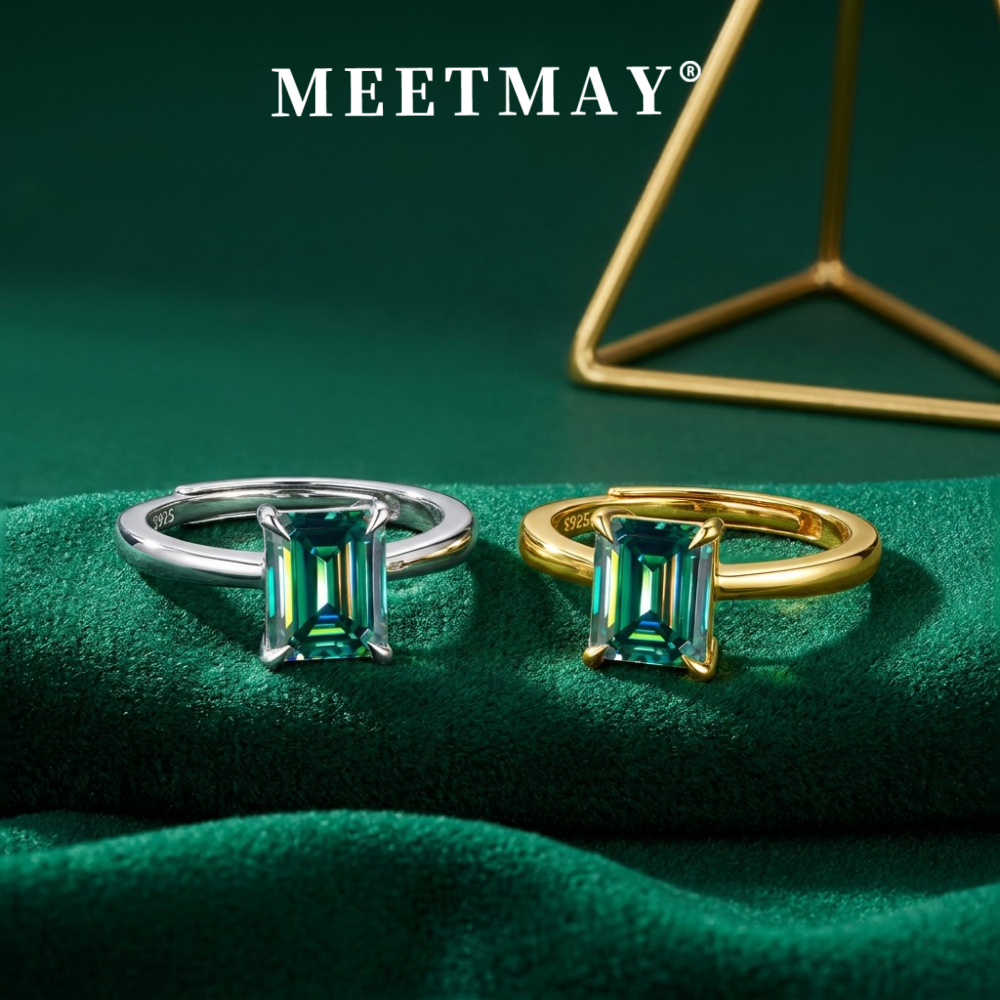 MEETMAY | Colorful Emerald-Cut Moissanite Adjustable Ring – S925 Sterling Silver 18K Gold Plated, GRA Certified