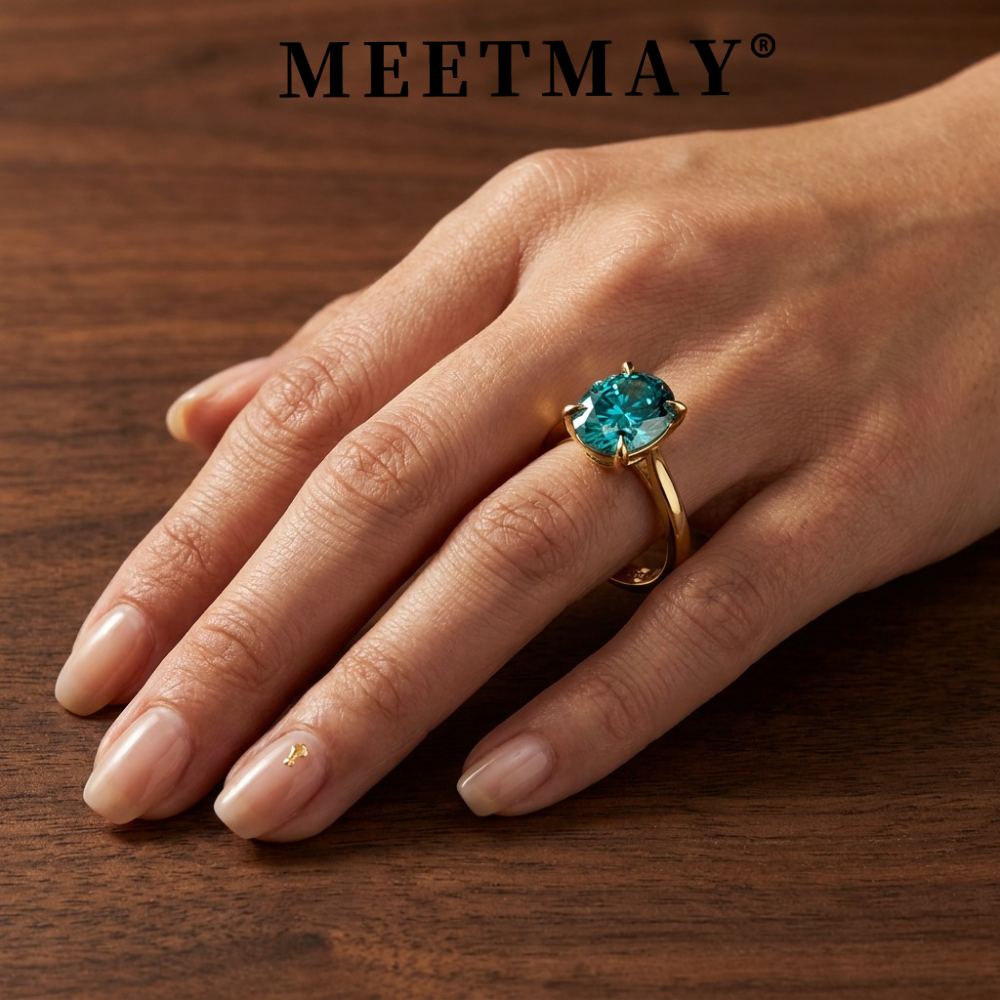MEETMAY | Colorful Oval-Cut Moissanite Adjustable Ring – S925 Sterling Silver 18K Gold Plated, GRA Certified
