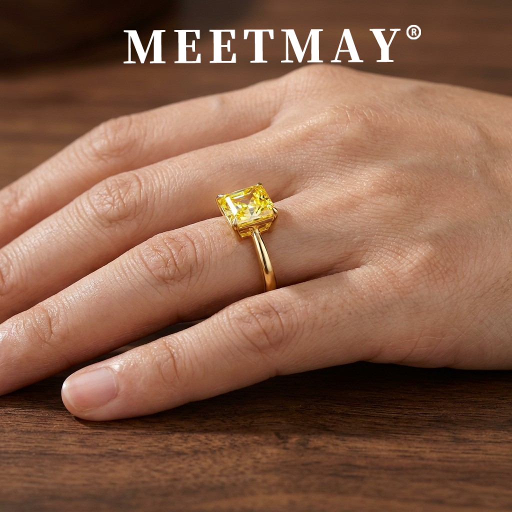 MEETMAY | Colorful Asscher-Cut Moissanite Adjustable Ring – S925 Sterling Silver 18K Gold Plated, GRA Certified