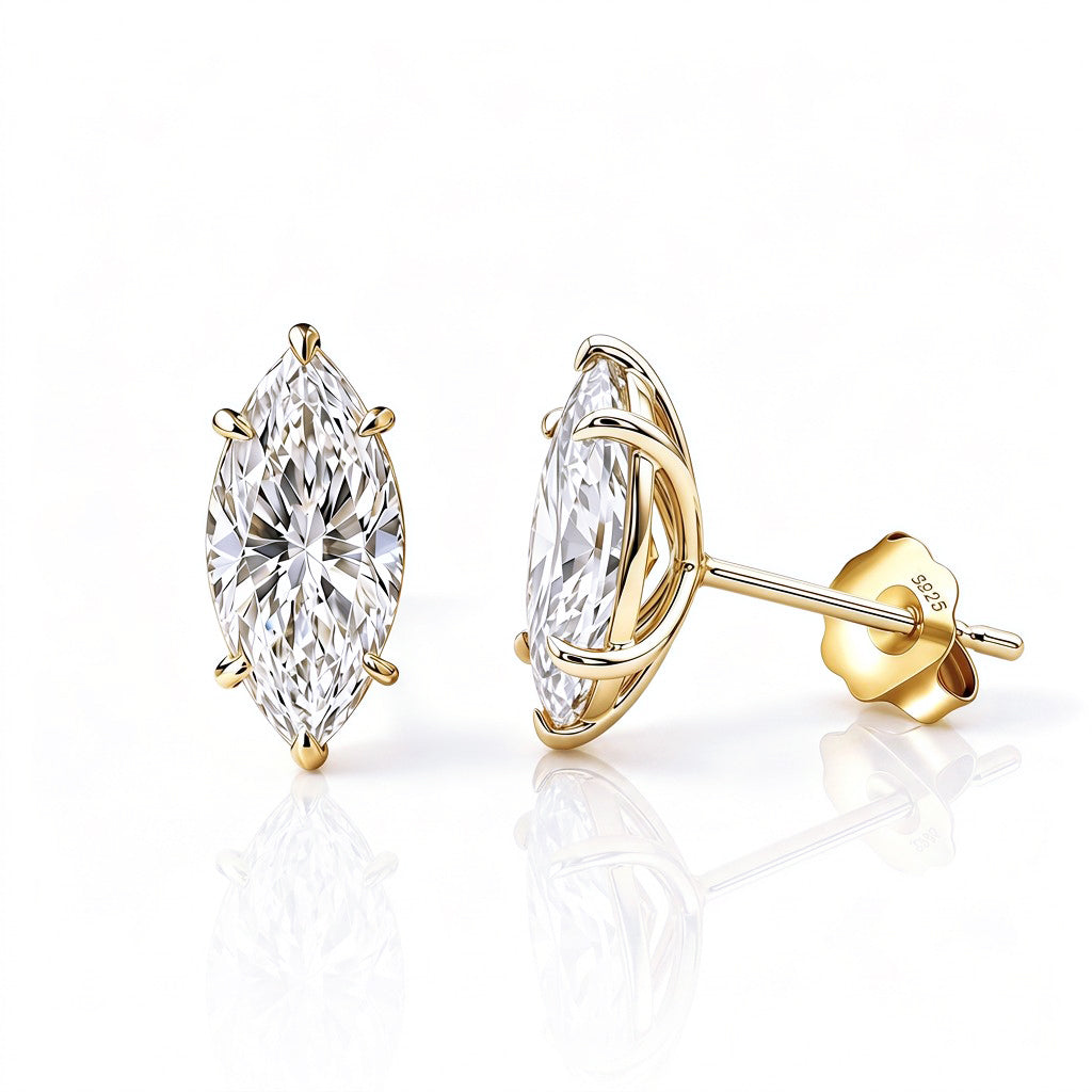 MEETMAY | Marquise-Cut Moissanite Stud Earrings – S925 Sterling Silver 18K Gold Plated, GRA Certified