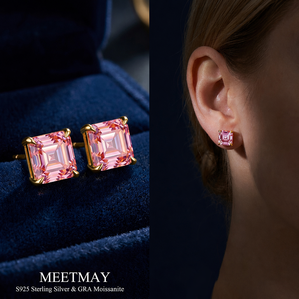 MEETMAY | Colorful Asscher-Cut Moissanite Stud Earrings – S925 Sterling Silver 18K Gold Plated, GRA Certified
