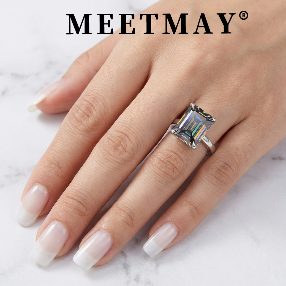 MEETMAY | Colorful Emerald-Cut Moissanite Adjustable Ring – S925 Sterling Silver 18K Gold Plated, GRA Certified