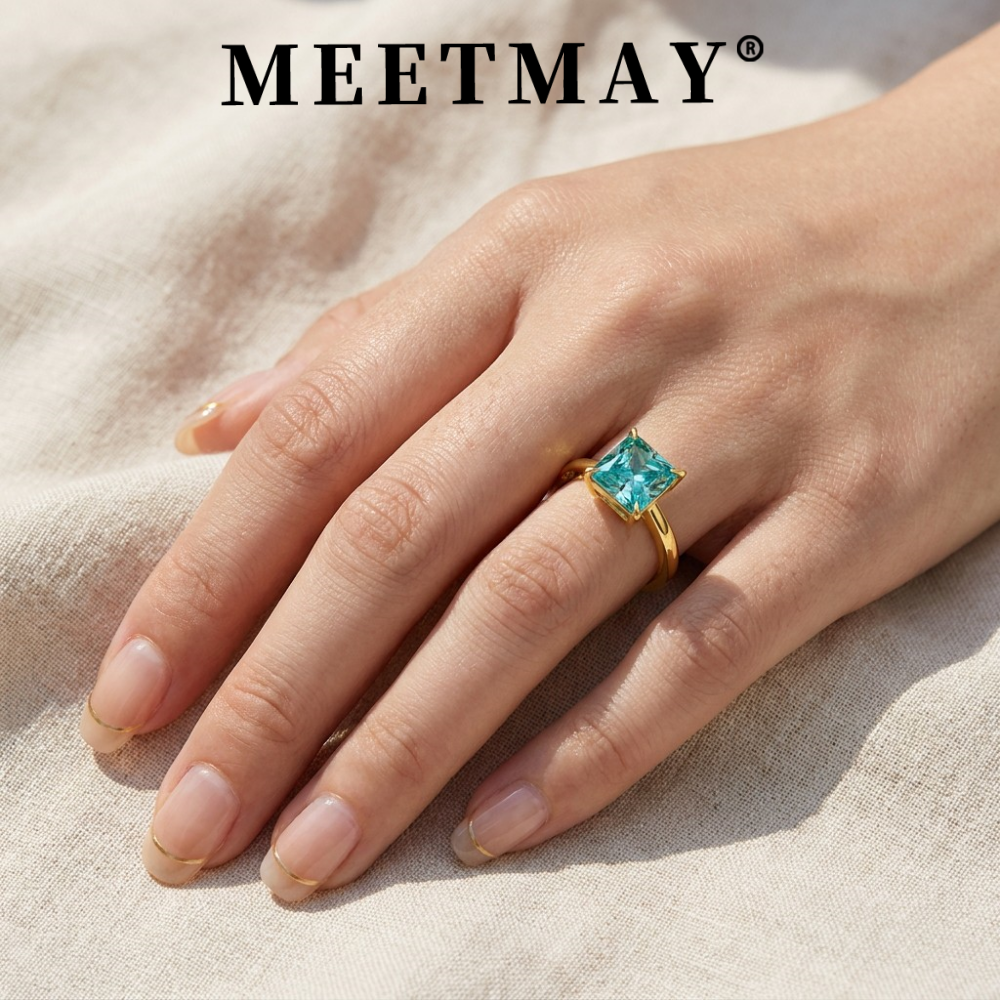MEETMAY | Colorful Radiant-Cut Moissanite Adjustable Ring – S925 Sterling Silver 18K Gold Plated, GRA Certified