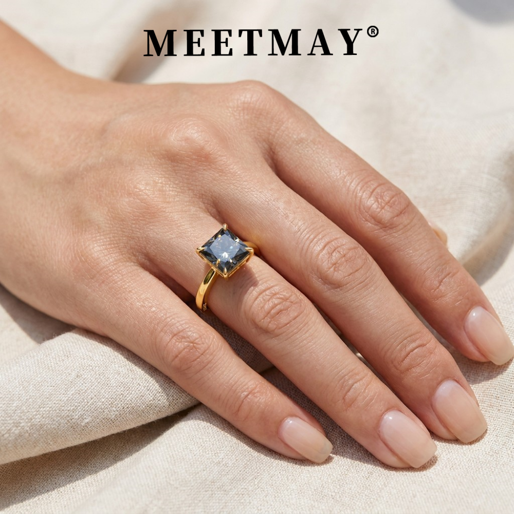 MEETMAY | Colorful Radiant-Cut Moissanite Adjustable Ring – S925 Sterling Silver 18K Gold Plated, GRA Certified