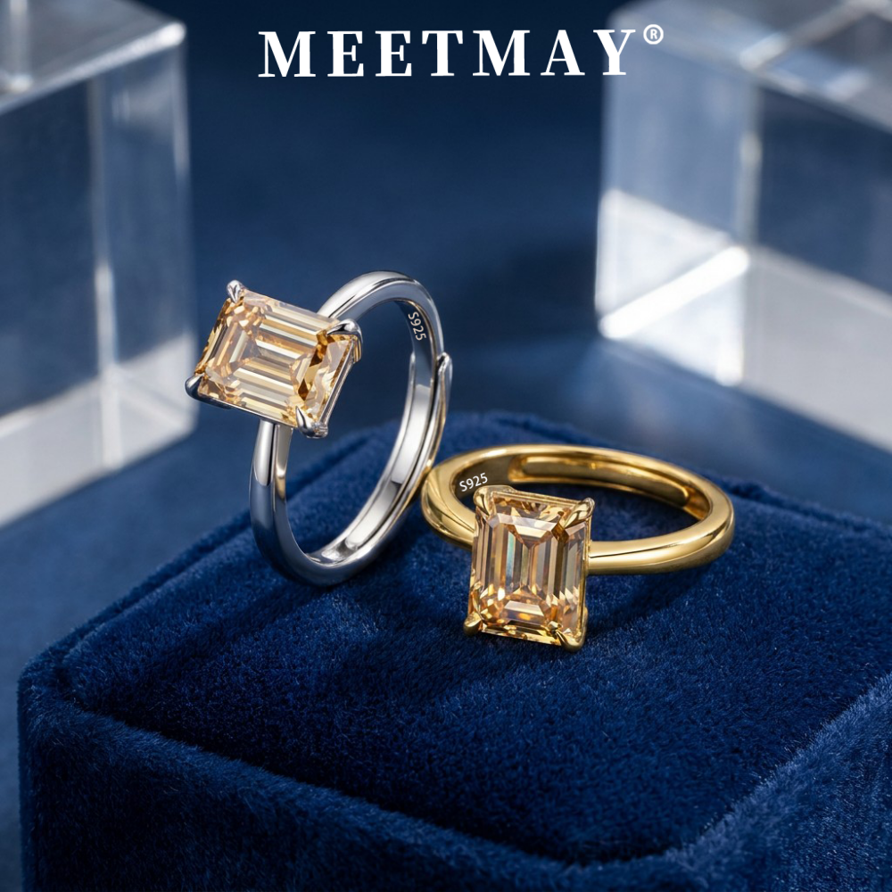 MEETMAY | Colorful Emerald-Cut Moissanite Adjustable Ring – S925 Sterling Silver 18K Gold Plated, GRA Certified