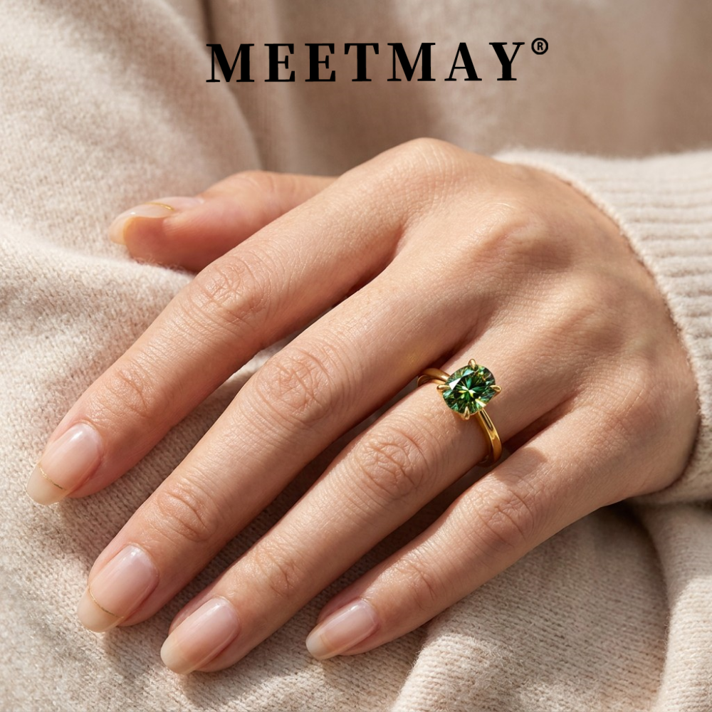 MEETMAY | Colorful Oval-Cut Moissanite Adjustable Ring – S925 Sterling Silver 18K Gold Plated, GRA Certified
