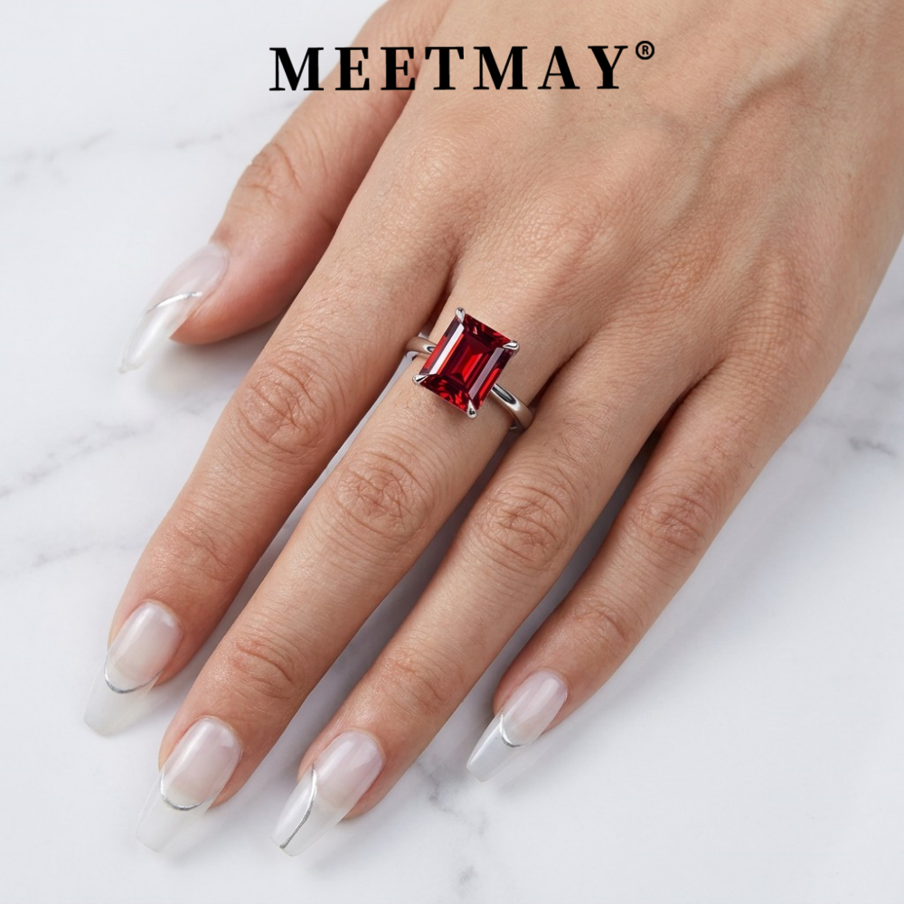 MEETMAY | Colorful Emerald-Cut Moissanite Adjustable Ring – S925 Sterling Silver 18K Gold Plated, GRA Certified